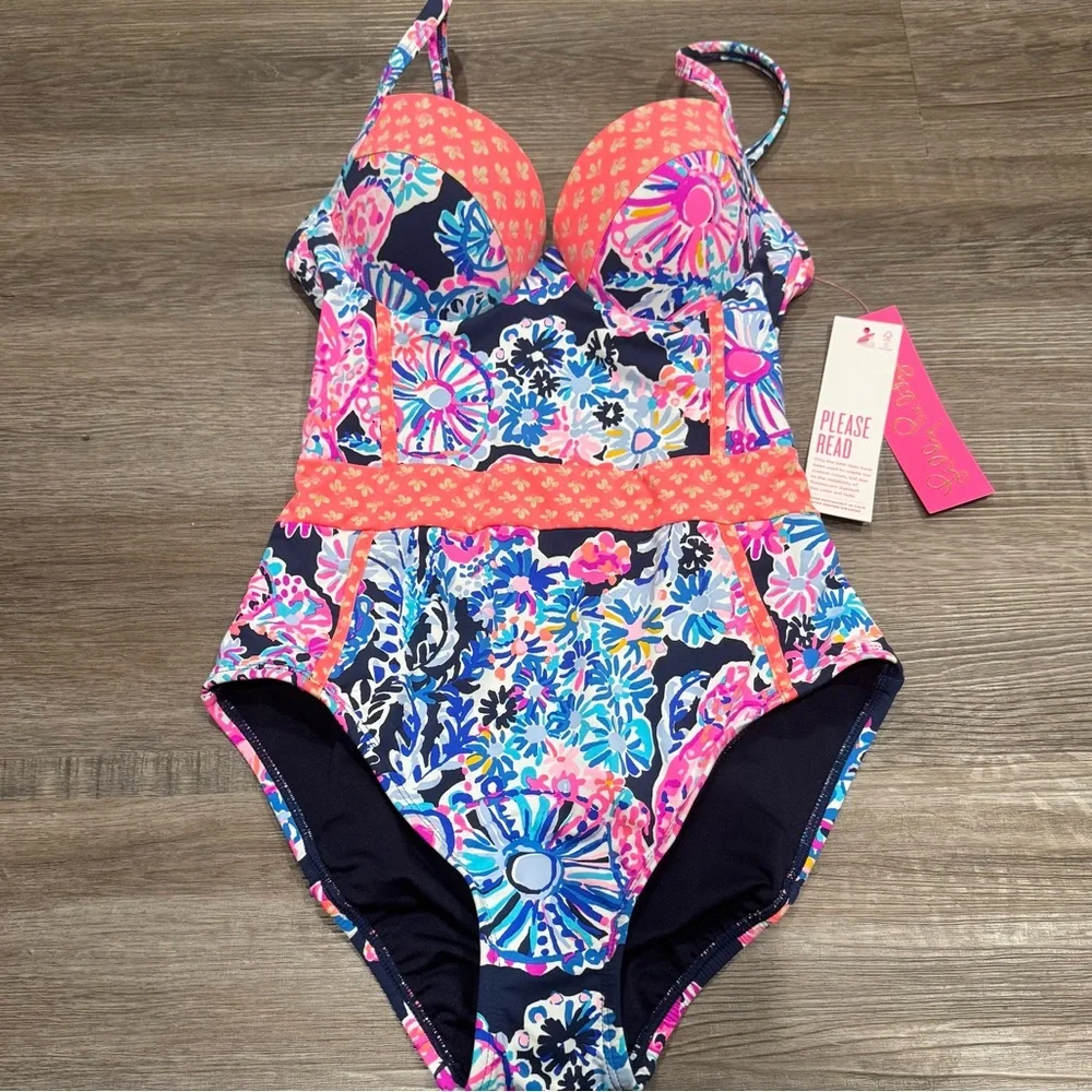 Lilly Pulitzer Palma One Piece High Tide Navy in Turtle Amazement Swimsuit